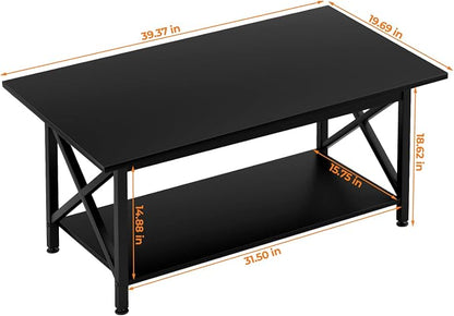GreenForest Black Coffee Table with Storage Shelf 39 inch, 2 Tier Rectangular Center Table for Living Room,Modern Farmhouse Small Table for Home Office,Easy Assembly