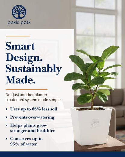 POSIE3DPRINTS Posie Pot Medium Twisted Square - Self Watering Planter 5x5 Inch - Indoor Plant Pot with 30 Day Reservoir - 3D Printed Bioplastic - No Guilt Plant Care - Made in USA, White