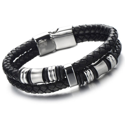 COOLSTEELANDBEYOND Men's Black Double Braided Leather Bracelet With Stainless Steel Barrel Beads, Layered Wristband With Clasp, Modern Minimalist Wrist Jewelry