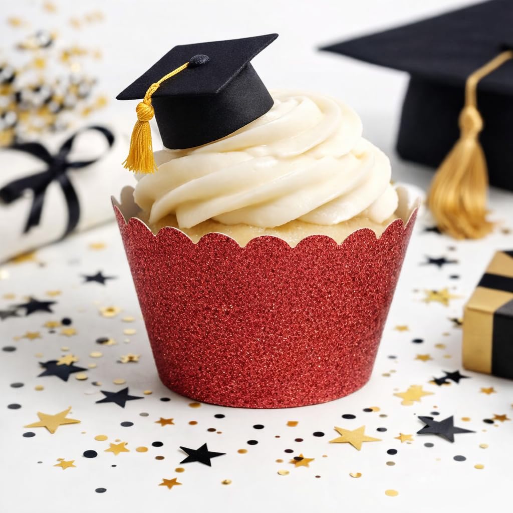 Koyal Wholesale Red Cupcake Wrappers Glitter Cupcake Liners for Christmas, Graduations, & Parties, Decorative Glitter Red Baking Cups and Cupcake Holders for Dessert Tables & Holiday Events, Set of 50