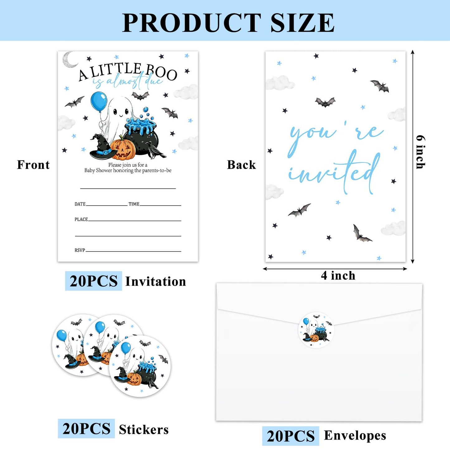 Smenudlli Blue A Little Boo Baby Shower Invitation, Halloween Invites Cards with Envelopes and Sticker (20 Pack), Cute Ghost Gender Reveal Party Decorations Supplies /22