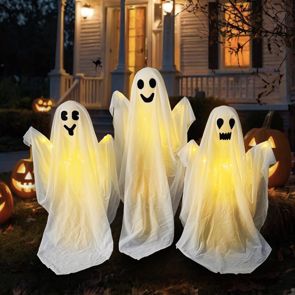 3 Pack Halloween Ghosts Decorations Outdoor,White Cloth Ghosts Stakes with Incandescent Light, Holiday Party Home Haunted House Yard Art, Front Yard Patio Lawn Garden Decor