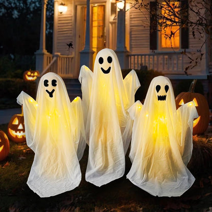 3 Pack Halloween Ghosts Decorations Outdoor,White Cloth Ghosts Stakes with Incandescent Light, Holiday Party Home Haunted House Yard Art, Front Yard Patio Lawn Garden Decor
