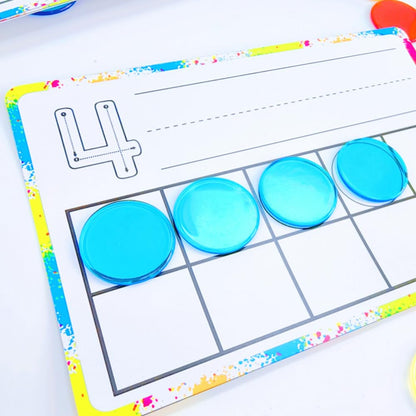 Math Task Boxes Set of 5 Math Manipulatives Themes 230+ Pieces of Number Rods, Base Ten Blocks, Ten Frame Disc Counters, Place Value Blocks, 0-9 Numbers, 3D Shapes, Activity Cards (Disc Counters)