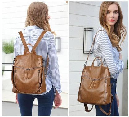 AurexaFashion Genuine Cow Leather Backpack Shoulder Handbag Bag for Women, Top Handle & 2 Detachable Straps- Brown
