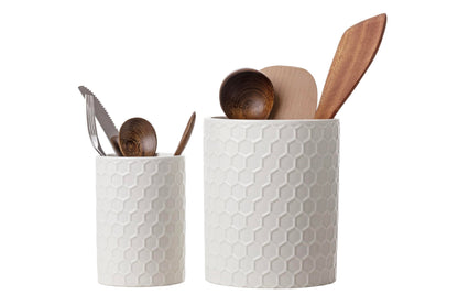 Docrin Ceramic Kitchen Utensil Holder 2 Pack - 6.8"+5.1" Inch Countertop Storage Organizer, Non-Slip Base, Easy to Clean, Elegant White Ceramic Utensil Crocks for Spatulas, Spoons, Cooking Gadgets