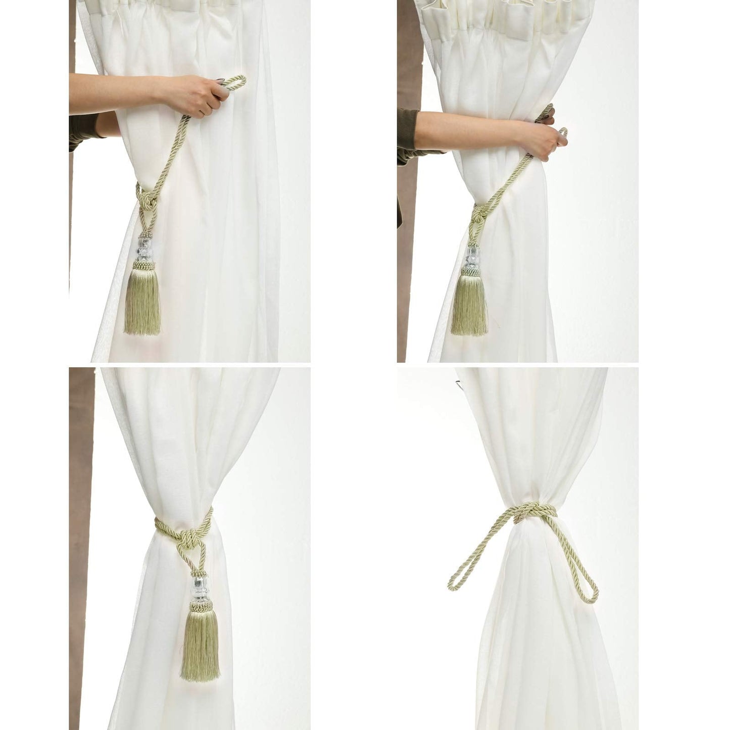 Fenghuangwu Tassel Curtain Tiebacks Handmade Curtain Tie Backs, Elegant Crystal Curtain Holdbacks for Home Office Decor (Beige, 2P)