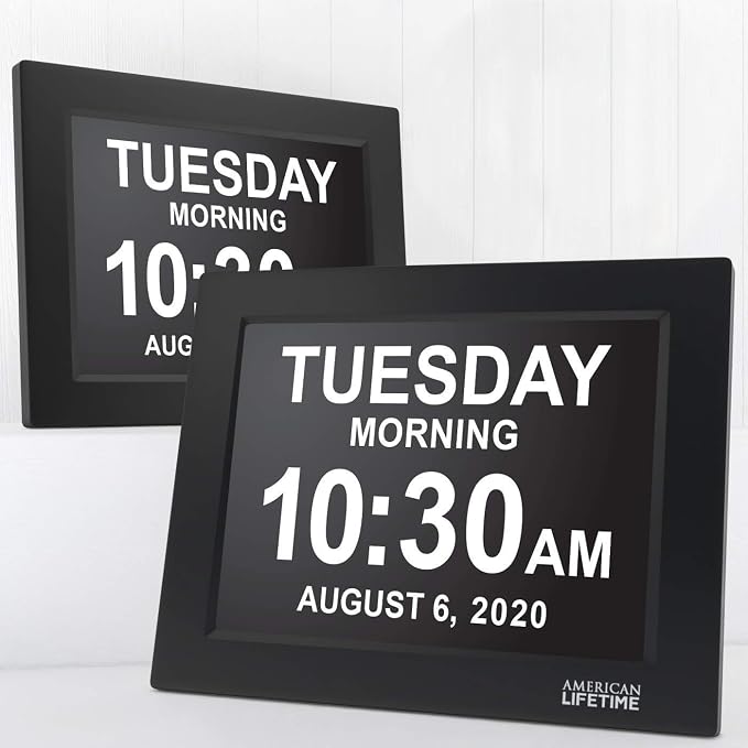 American Lifetime, New Version, Day Clock Extra Large Impaired Vision Digital Clock with Battery Backup and 5 Alarm Options Great Gift Ideas, 2 Pack Black