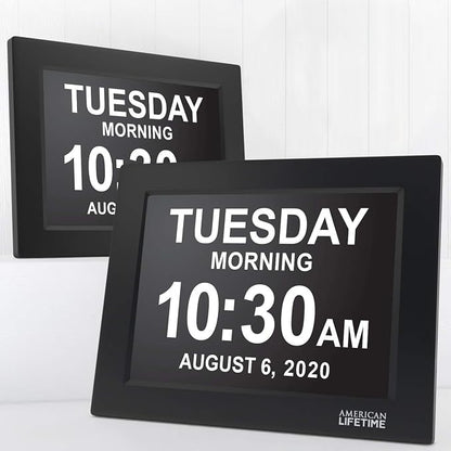 American Lifetime, New Version, Day Clock Extra Large Impaired Vision Digital Clock with Battery Backup and 5 Alarm Options Great Gift Ideas, 2 Pack Black