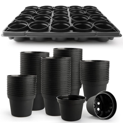 RooTrimmer 3 Inch Plastic Plant Pots 100 Pcs with 5 Pcs 20 Cell Seed Starter Trays, Thick Black Small Nursery Pots and Propagation Shuttle Trays for Seed Starting, Plant Propagation Starter Kit 5 Sets