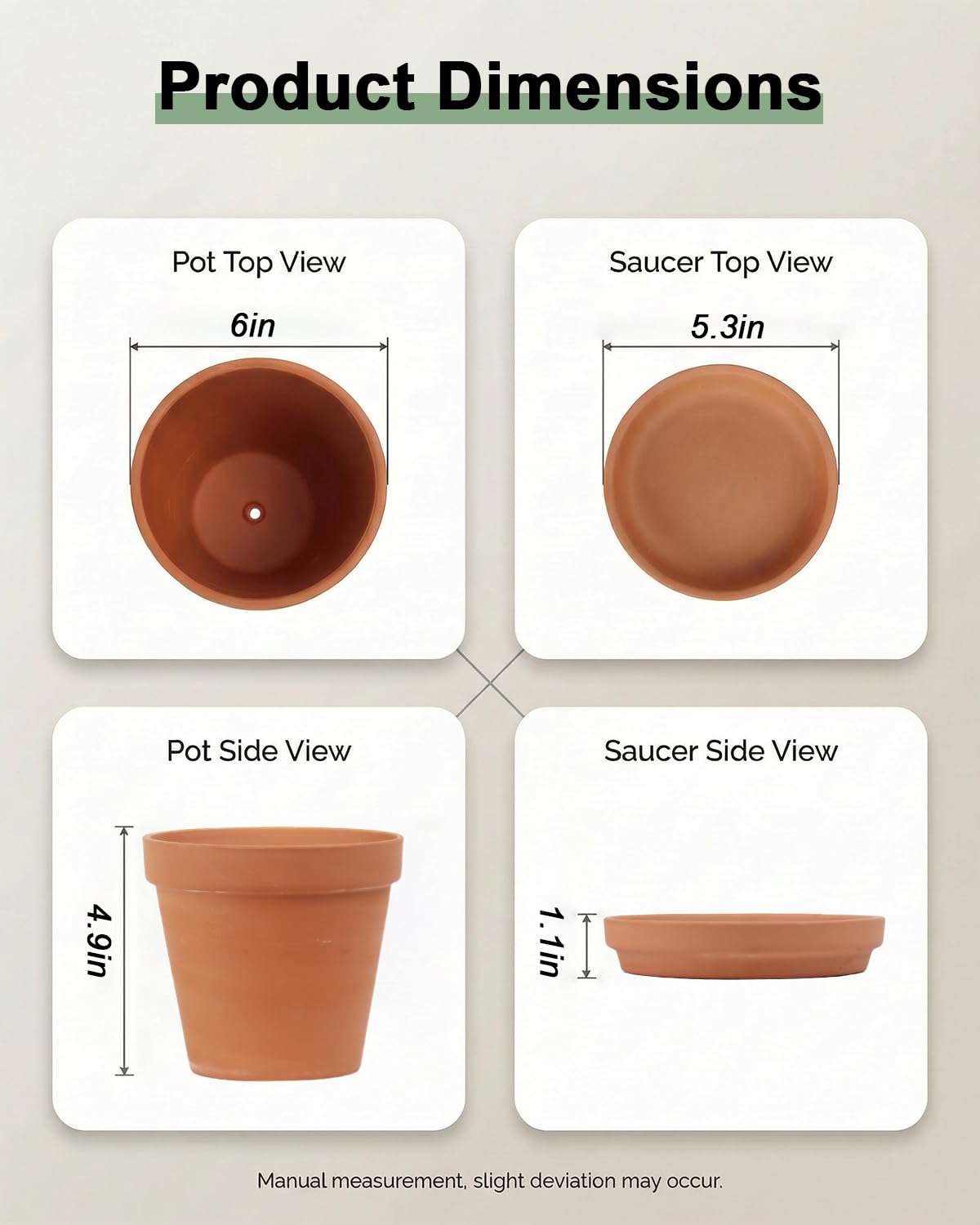 Riseuvo 6 Inch Terracotta Pots with Saucers – 4 Pack Medium Clay Flower Pots with Drainage Hole，Clay Pot for Succulents, Cactus and Indoor Plants, Wedding Favors
