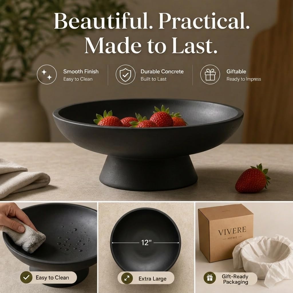 12" Concrete Fruit bowl for Kitchen Counter, Coffee Table Decor, Decorative Key Bowl, Home Décor Accents, Kitchen Counter Decor Black