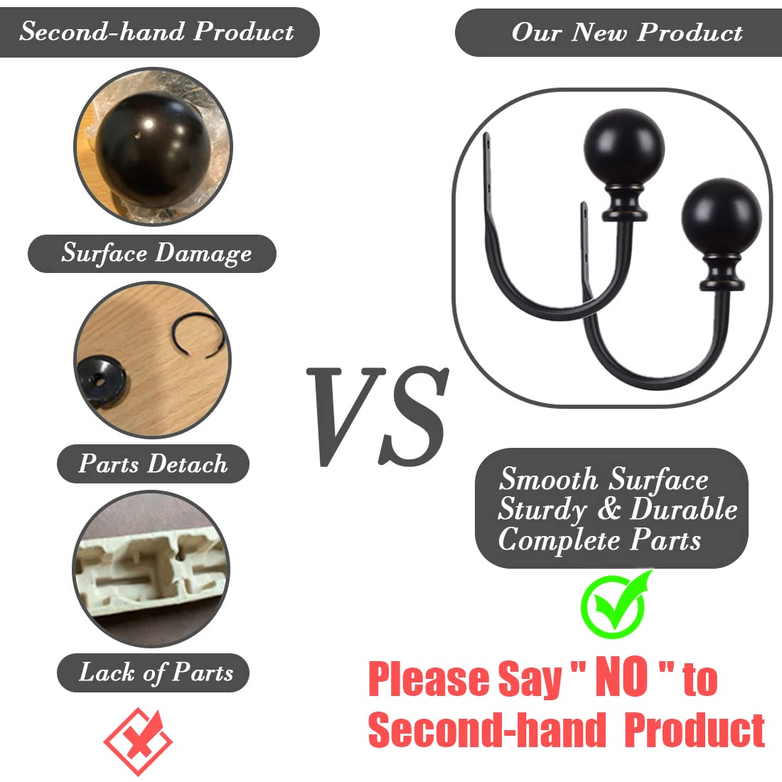 KAMANINA Curtain Holdbacks, Black Curtain Tiebacks Wall Mounted with Round Finials, Metal Curtain Pull Backs with Screws, Decorative Curtain Hooks for Drapes Bedroom (1 Pair/2 Pack, Small)