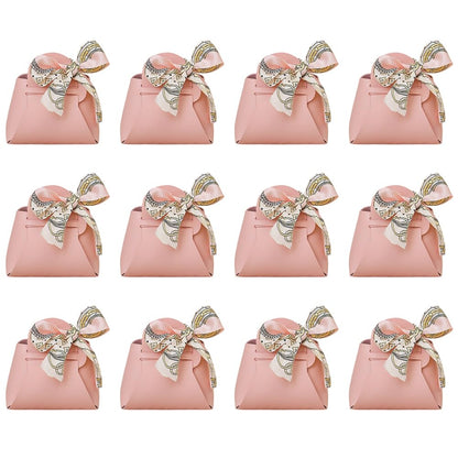 CALFOVERA 12 Pack Small Party Favor Boxes Reusable Faux Leather Gift Candy Wrapping Bags with Handle Ribbon Pink Mini Treat Handbags for Weddings Party Guest Gift Bridal Showers Birthday Halloween