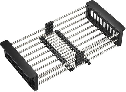 Dish Drying Rack, Stainless Steel Dish Drainer with Adjustable Arms Holder Functional Kitchen Sink Organizer for Vegetable and Fruit, Black Large
