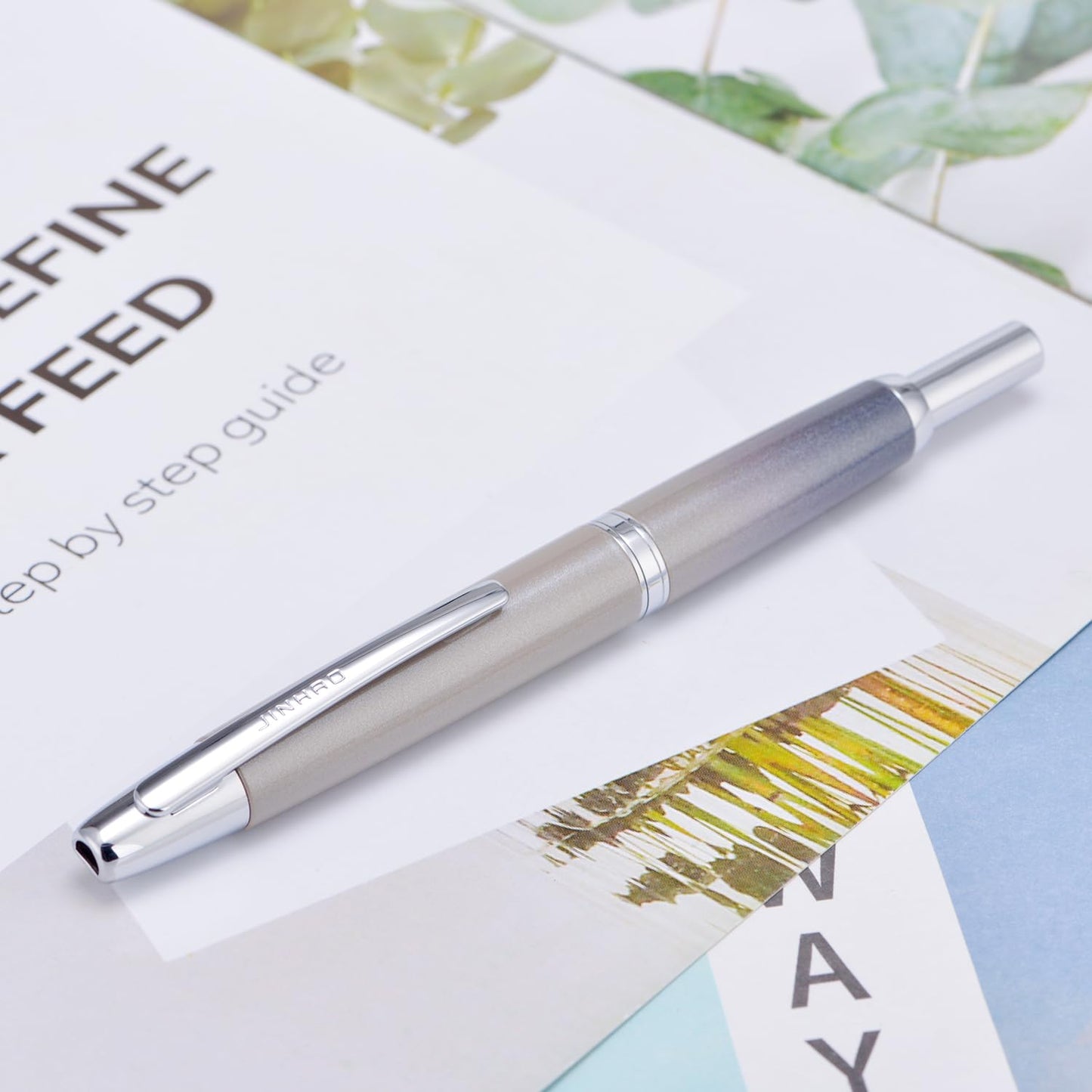 Jinhao 10 Press Fountain Pen with Box, Gradient Gray Retractable Extra Fine Nib with Ink Converter Set (Silver Clip)