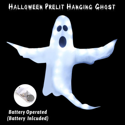 CCINEE Peek A Boo Hanging Ghost with White Lights 50" X 53" Prelit Large Spooky Outdoor Tree Wrap Ghost Decoration for Halloween Party Lawn Patio Haunted House Props Supply