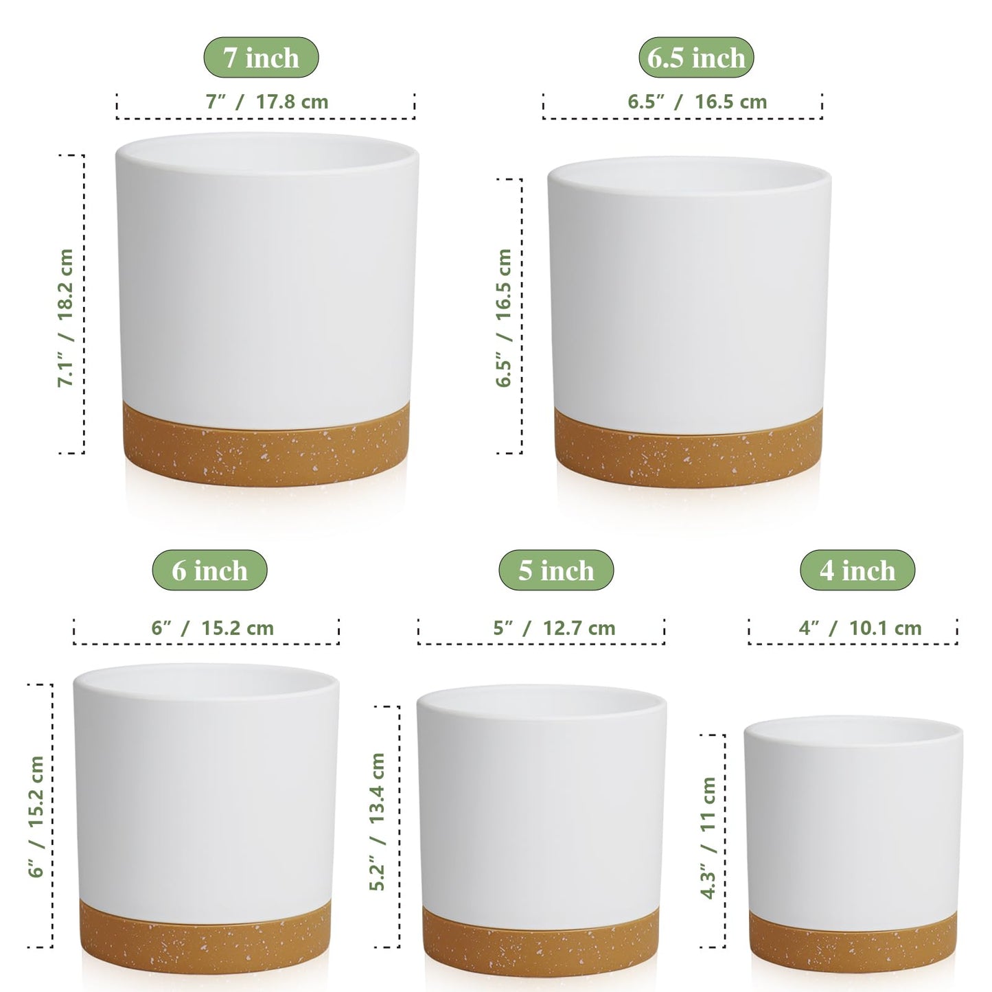 WSMKSZ 5 Pack Cylindrical Flower Pots with 7/6.5/6/5/4 inch, Modern Small Plastic Plant Pots with Drainage Holes & Saucers, Round Planter Pots for Outdoor, Indoor & Office Decor (White Brown)