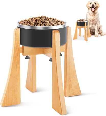 Elevated Bowl Stand Set 12-inch with Heavy Duty Beech Wood Made, Anti-Vomit Design for Medium Breed, Senior Dogs, Ergonomic Neck Protecting, Adjustable Diameter, Easy Clean Non Toxic