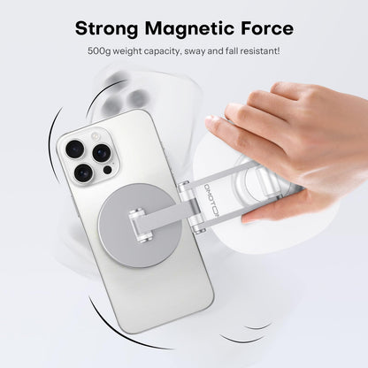 OMOTON 360°Rotating Magnetic Phone Stand for Desk, Adjustable Foldable Aluminum for MagSafe Cell Phone Stand Holder with Non-Slip Base, for iPhone 17/16/15/14 Pro Max Air/MagSafe Case- Black
