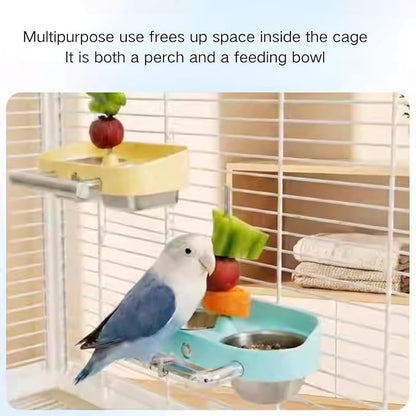 Bird Feeder Birds Bowls Stainless Steel Dishes Coop Cups with Fruit Skewer, Parrot Feeding Dish Cups Food Water Bowls with Bird Food Holder for Budgies Lovebirds (Yellow,Oval)
