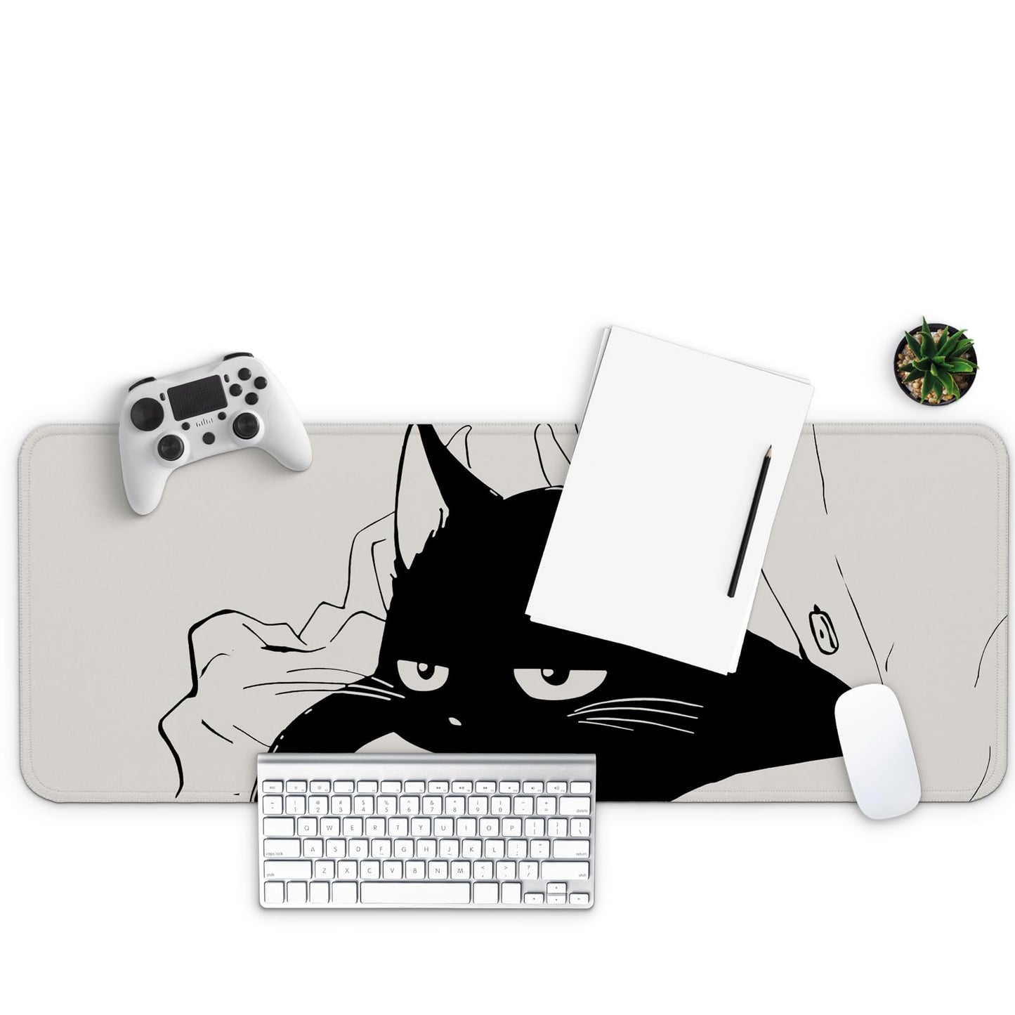 MAY FLOWER Large Gaming Mouse Pad, Full Keyboard Mat, Long Laptop Mousepad, Computer Mouse Mat for Home and Office, Anti-Slip Rubber Base, 31.5 x 11.8 Inches (Black Cat)