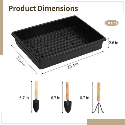 DORMIYA 10 PCS Plant Starting Trays with 3 Small Garden Tools, Thick Heavy Duty Plastic No-Hole Plant Germination Trays with Raised Drainage Ridges, Reusable Growing Trays for Peat Pot Microgreens