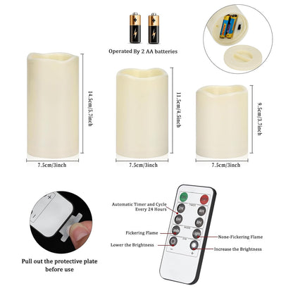 Flameless Candles 4" 5" 6" Outdoor Indoor Pillars Battery Operated Flickering Candles Include 10-Key Remote Timer 400+ Hours by 2 AA Batteries (Ivory Candle - Warm light, 3"D x 4"|5"|6" H - 9 Pack)