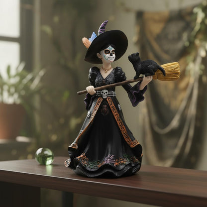 Comfy Hour 9" Dark Fairy Witch Figurine on Broom, Gothic Sorceress with Black Cat Statue, Mystical Fantasy Home Office Desktop Decor, Artisan Crafted Resin Sculpture, 1 Unit
