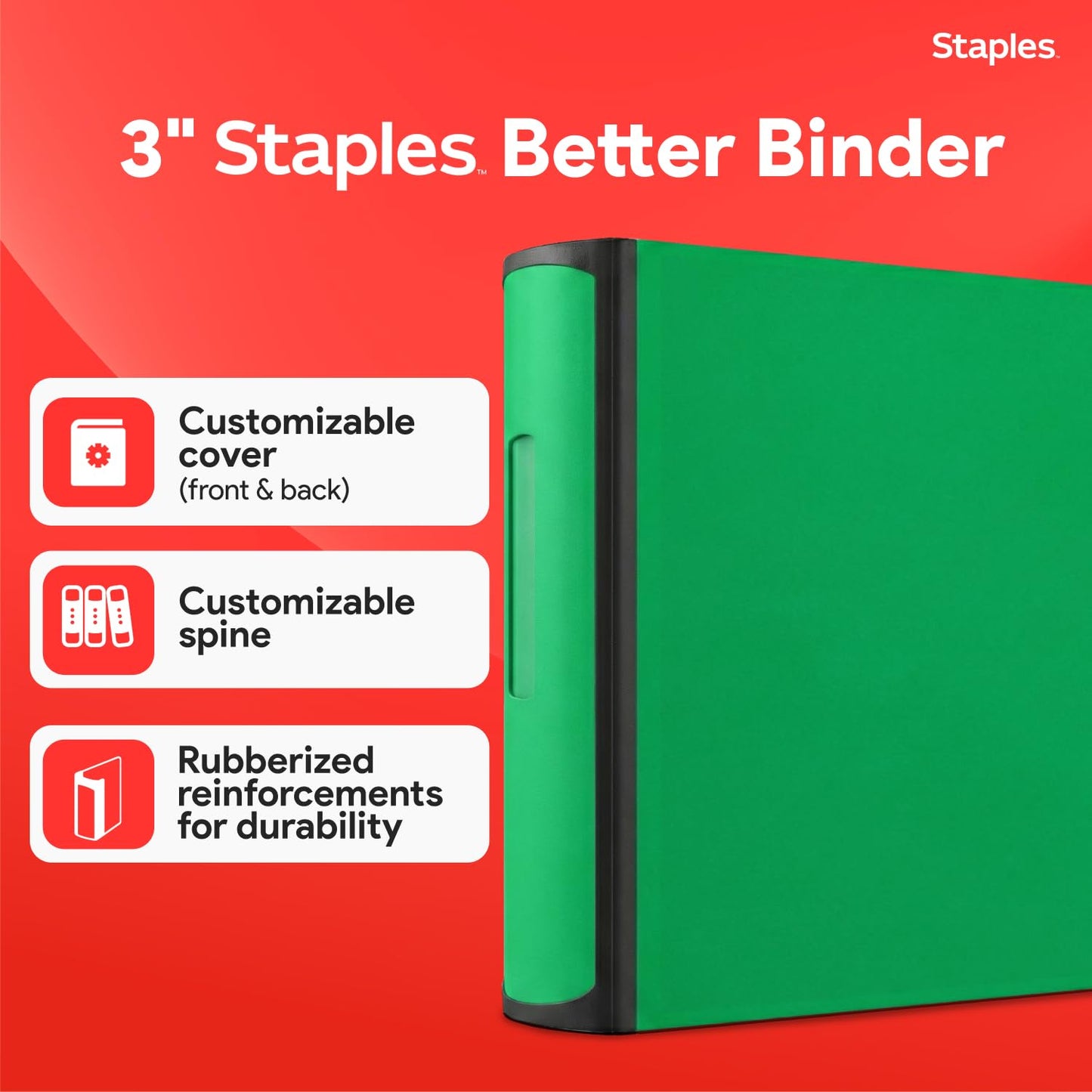 Staples Heavy-Duty 3-Inch D-Ring Binder, Green – Large Capacity 3-Ring Binder with Pockets, Holds Up to 600 Sheets