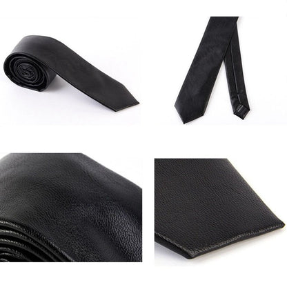 Men's Skinny Tie Handmade PU Leather Black Narrow Necktie