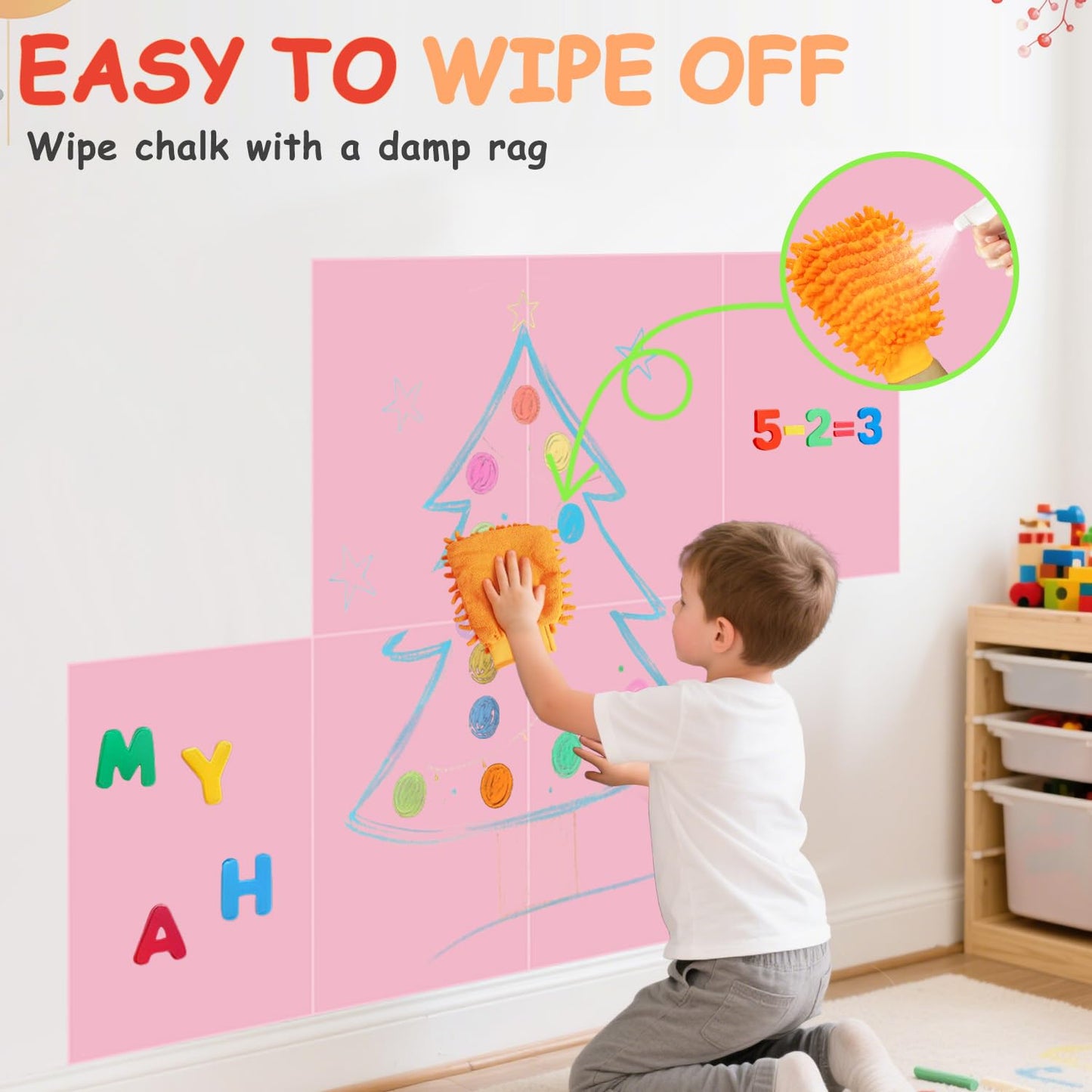 OMKSIH Magnetic Chalkboard Wall Decal Pink Set of 6 Peel and Stick Magnet Sheets with Chalk Tangram Puzzle and Multiple Accessories Magnetic Chalk Boardfor Home Playroom and Classroom