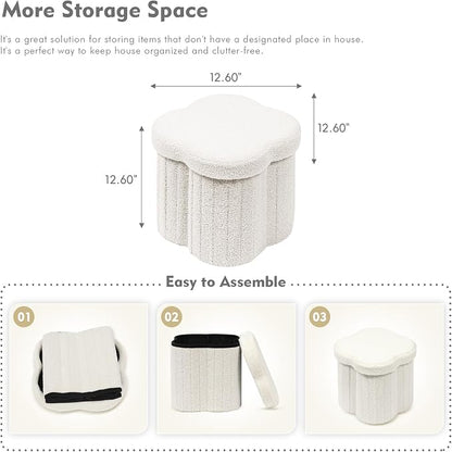 B FSOBEIIALEO Storage Ottoman Cube, Flowers Shaped Ottomans with Storage Foot Stool Footrest for Lving Room, Boucle Ottoman Seat for Dorm Room,Faux Teddy Fur,White 12.6"x12.6"x12.6"