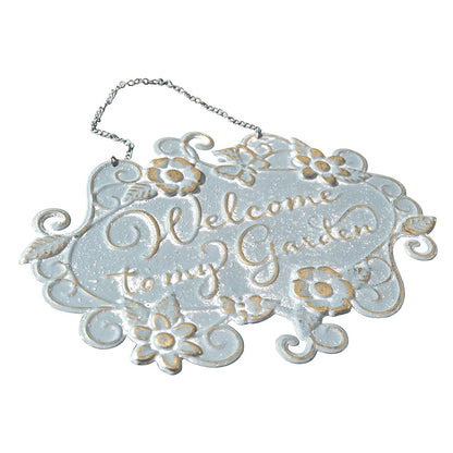All Chic Welcome to My Garden Sign Hanging Yard Sign for Garden Decor Rustic Farmhouse Backyard Outdoor Wall Decor(Blue)