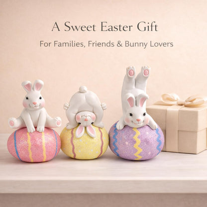 GoGnome Easter Decoration Indoor, Set of 3 Resin Easter Bunny Figurines on Pastel Eggs – 6.5''H Playful Rabbit Spring Decor for Shelf, Mantel & Tabletop (Pink/Yellow/Purple)
