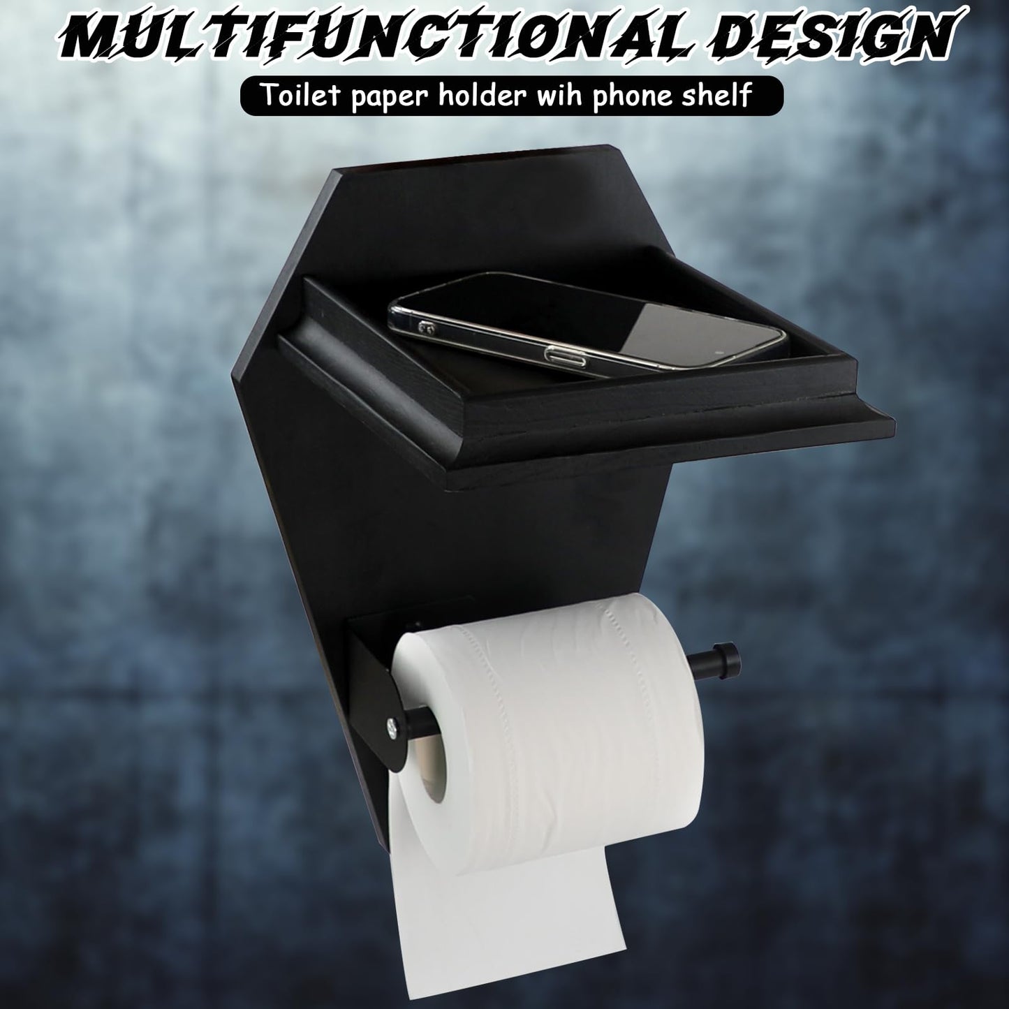 Coffin Toilet Paper Holder with Shelf - Goth Wooden Black Paper Roll Holder - Gothic Halloween Bathroom Decor - Goth Accessories Spooky Home Decor - Witchy Gifts for Women