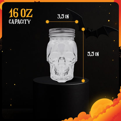 DURA LIVING Set of 2 Skull Mason Jar Glasses with Lids | 16oz Reusable Halloween Drinking Glasses | Unique Skull Décor, Storage, & Canning Jars for Parties & Gifts