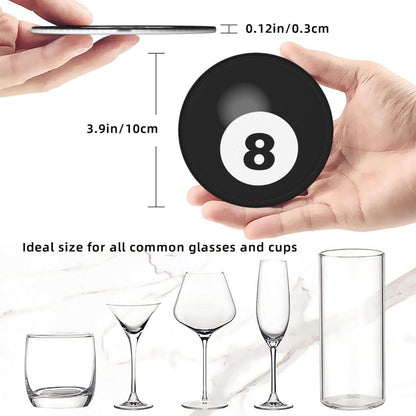 BOXIMIAO Drink Coasters with Holder Stand Set of 6, Billiard Ball Black 8 Pu Leather Absorbent Coasters with Cork Base Table Coaster Round Coasters for Housewarming Apartment Kitchen Bar Decor
