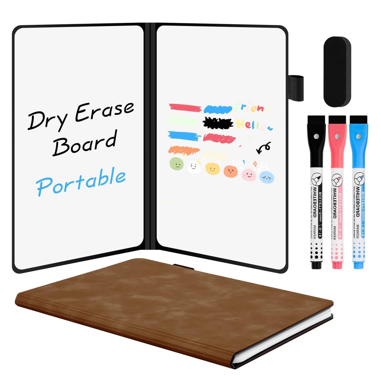 AGM Portable White Board Dry Erase Notebook, 8.4" x 6" Double Sided Folding Whiteboards with 3 Pens, Small Travel Dry Erase Board Skin-Friendly Material for Study, Meeting, Planning, Brown