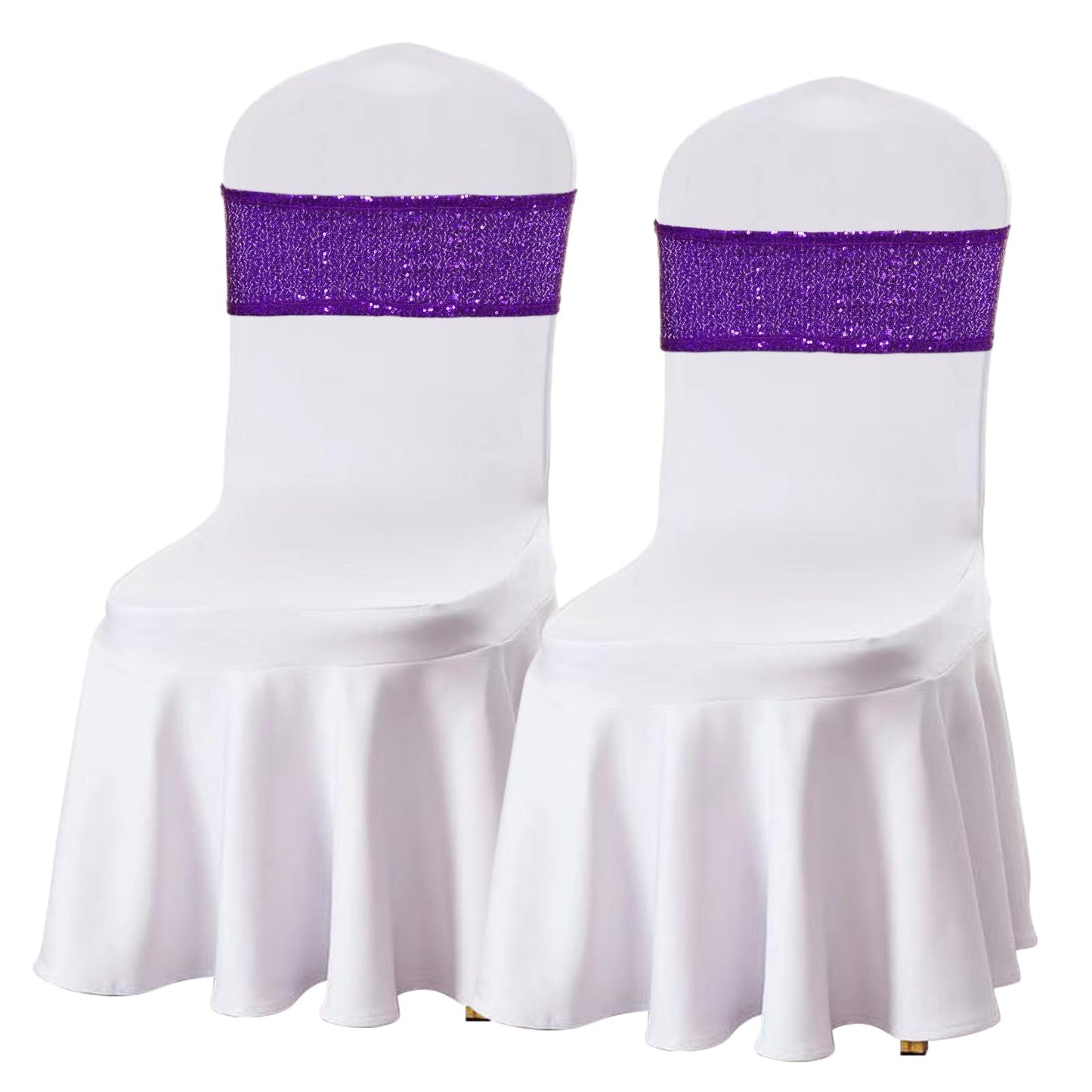 SquarePie Sequin Chair Sashes Bows 10 Pack Purple Shiny Chair Cover Bands for Wedding Banquet Party Decor