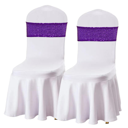SquarePie Sequin Chair Sashes Bows 10 Pack Purple Shiny Chair Cover Bands for Wedding Banquet Party Decor
