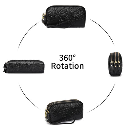GOIACII Wristlet Wallets for Women Leather Womens Wallet Large Capacity Clutch Purse Handbags 3 Zippers with Strap Black
