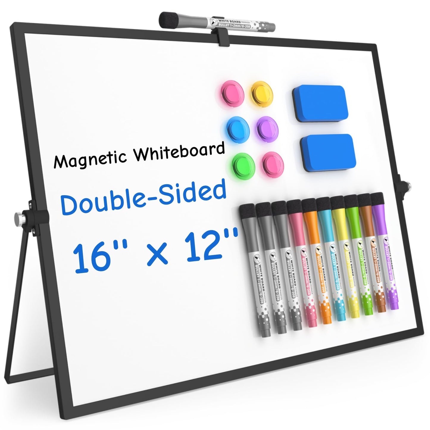 Grtard Dry Erase Magnetic White Board, 16''x12'' Double-Sided Desktop Whiteboard with Stand, Portable Small Whiteboard Set, Dry Erase Board for to-Do Lists, Drawing, Office, Home(Black)