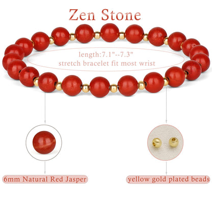QOGIR Red Jasper - Zen Stone - 14K Gold Plated Beads Natural Gemstone Stretch Elastic Dainty Healing Beaded Bracelets Gifts 6mm