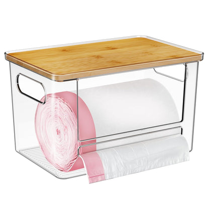 Trash Bag Dispenser 2 Pack, Acrylic Garbage Bags Dispenser with Bamboo Top, Extra Large Trash Bag Holder Dispensers Under Sink for Kitchen, Cabinet, Laundry Room, Pantry Organizer and Storage