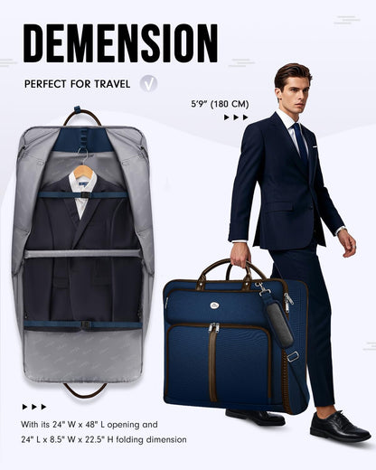 MATEIN Suit Bag Travel, Large Travel Garment Bag Up to 7 Suits with Strap, Business Foldable Garment Carrier Fit 17.3 inch laptop, 2 in 1 Carry On Hanging Luggage Suitcase with Shoe Compartment, Blue