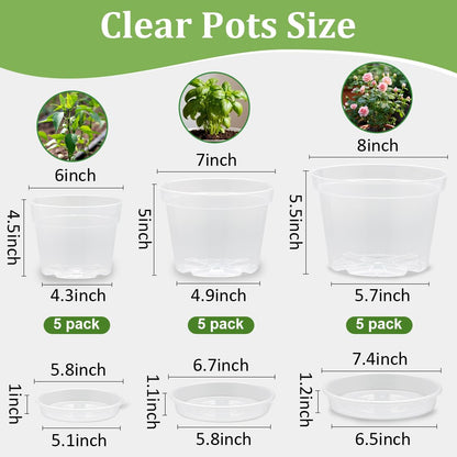 RooTrimmer 15 Pack 8/7/6 Inch Clear Nursery Pots with Saucer, Transparent Plastic Plant Pot with Drainage Hole, Sturdy Planting Starter Pots for Gardening Flower Herb Vegetable