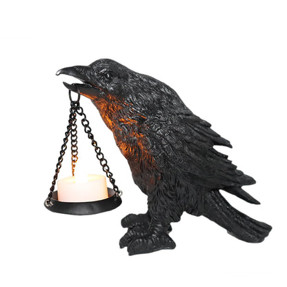 Gothic Crow Light Holder Halloween Candle Holder, Fake Raven Tealight Holder with Skull Base, Resin Statue for Indoor Spooky Home Decor