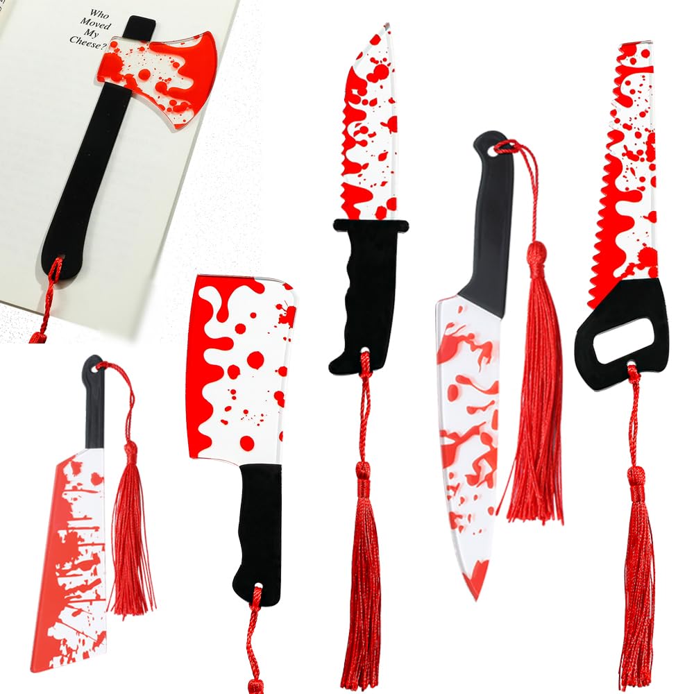 Horror Movie Knife Acrylic Bookmark, Gothic Character Dagger with Tassel,Book Lover Book Mark Halloween Gift (6PC Red Knife)