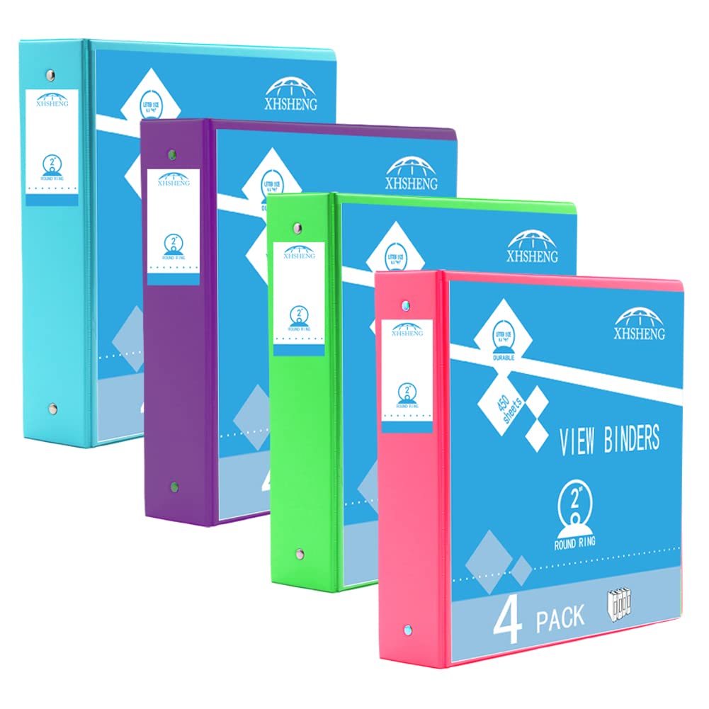 2 Inch 3 Ring Binders,Multicolor Customizable Round Ring Binder for School,Office,Home,Purple/Pink/Blue/Green,4 Pack